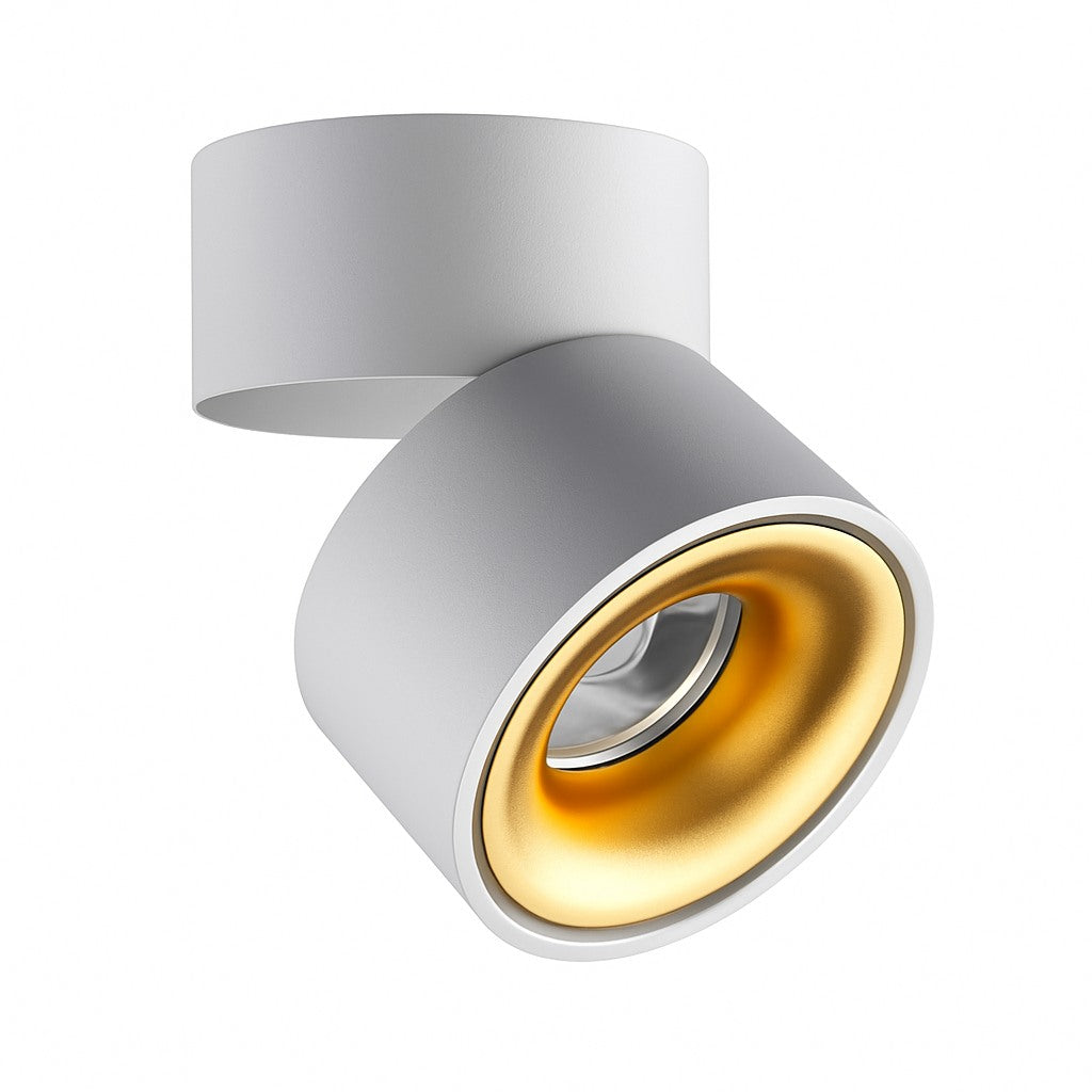 Spot LED rond orientable en saillie en blanc et doré