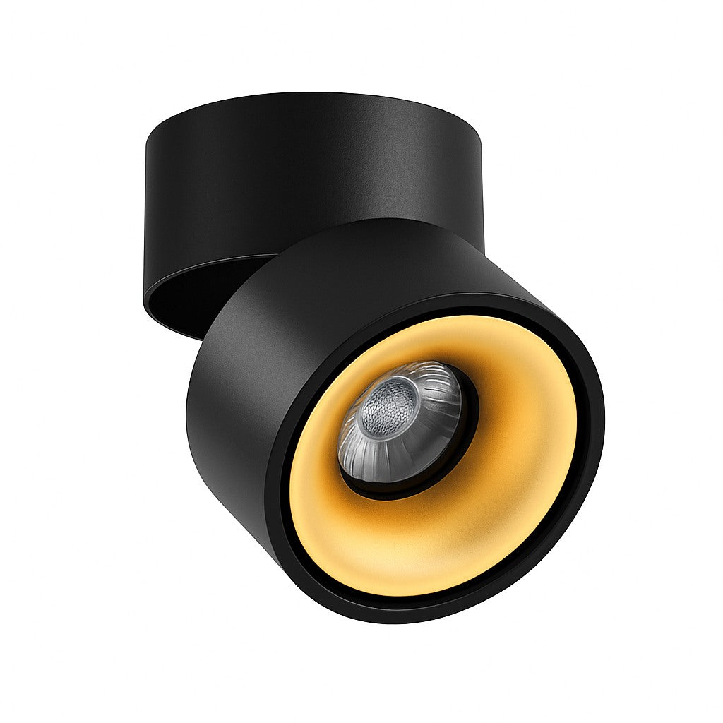 Spot LED rond orientable en saillie en noir et doré