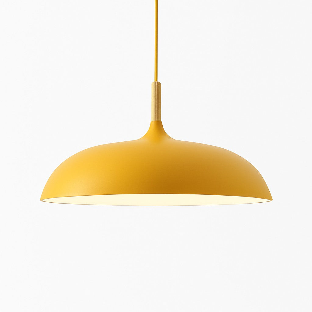 Suspension aluminium coloré et tige en bois en jaune