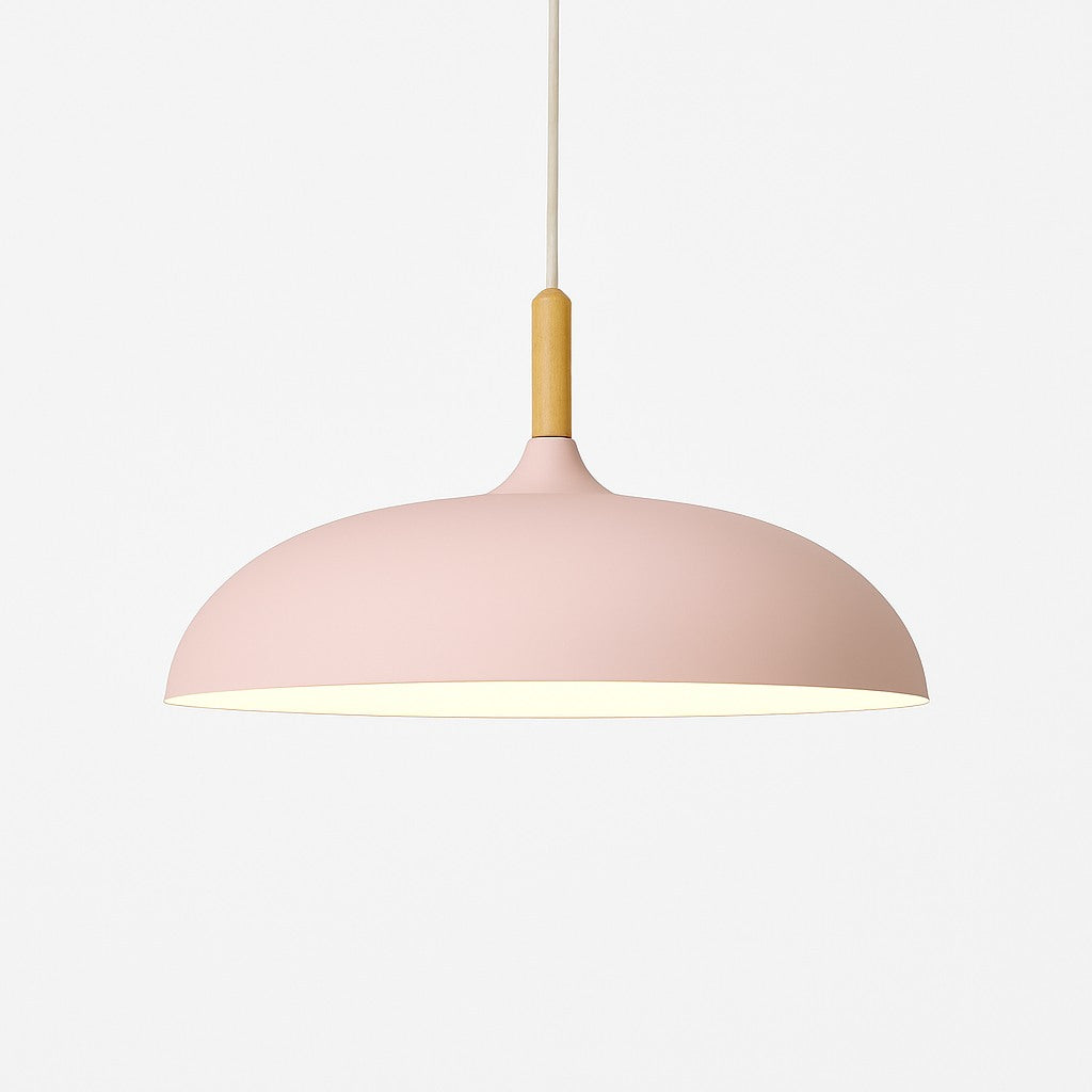 Suspension aluminium coloré et tige en bois en rose