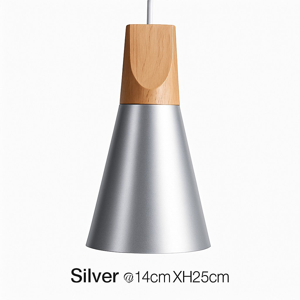 Suspension cône bois et aluminium en argenté · 14 cm
