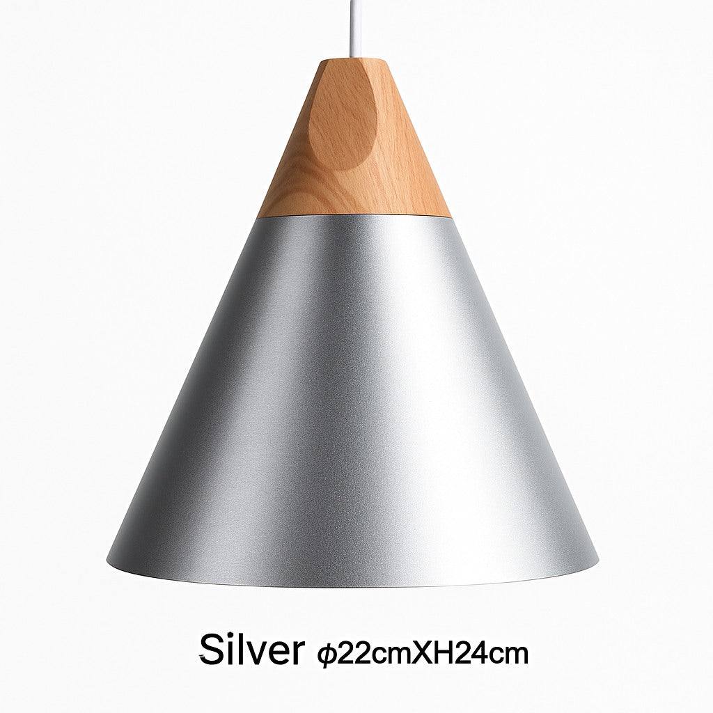 Suspension cône bois et aluminium en argenté · 22 cm