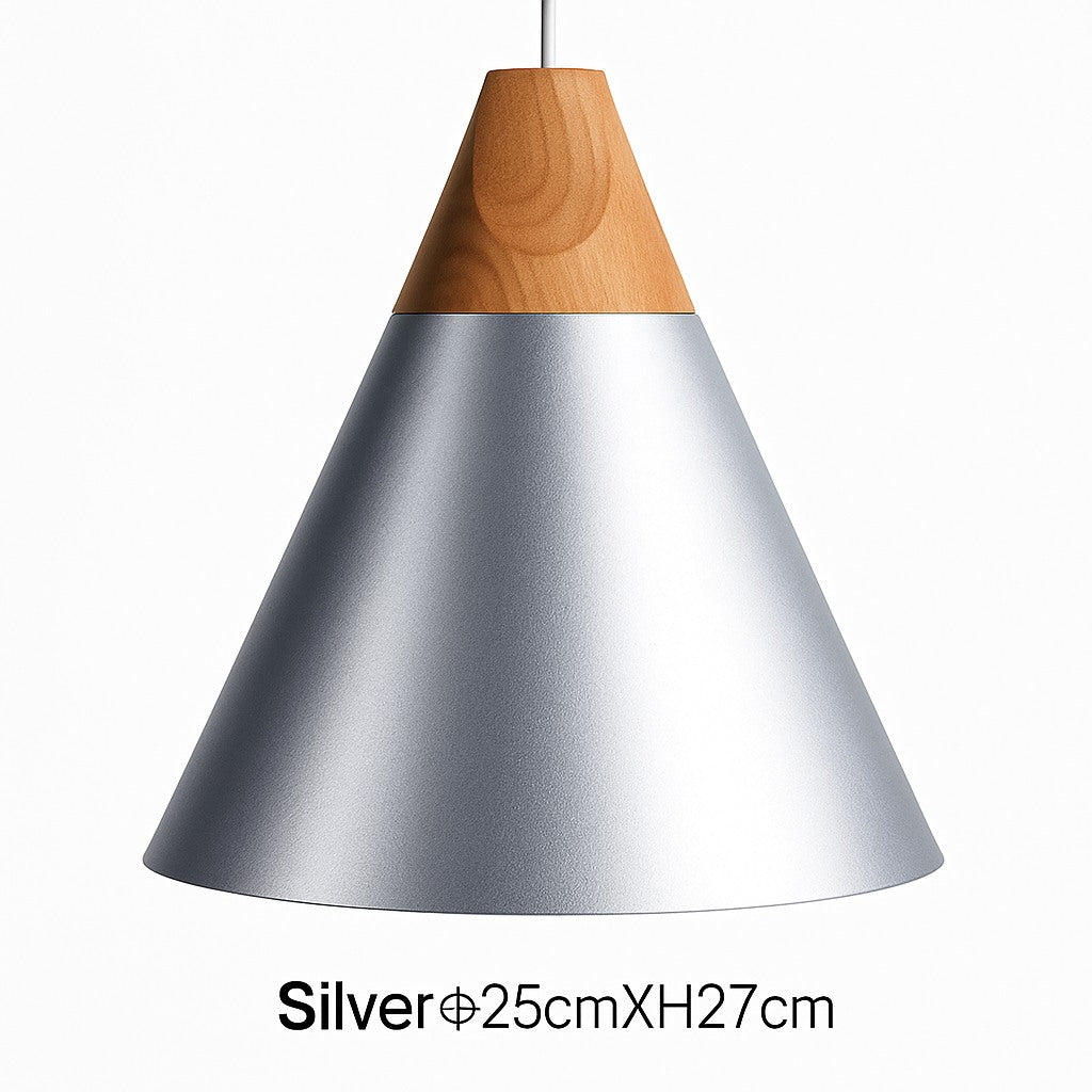 Suspension cône bois et aluminium en argenté · 25 cm