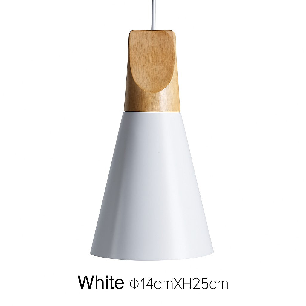 Suspension cône bois et aluminium en blanc · 14 cm