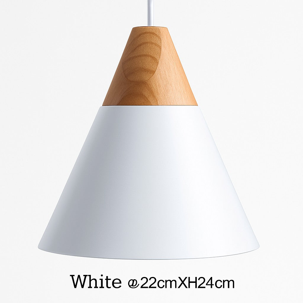 Suspension cône bois et aluminium en blanc · 22 cm