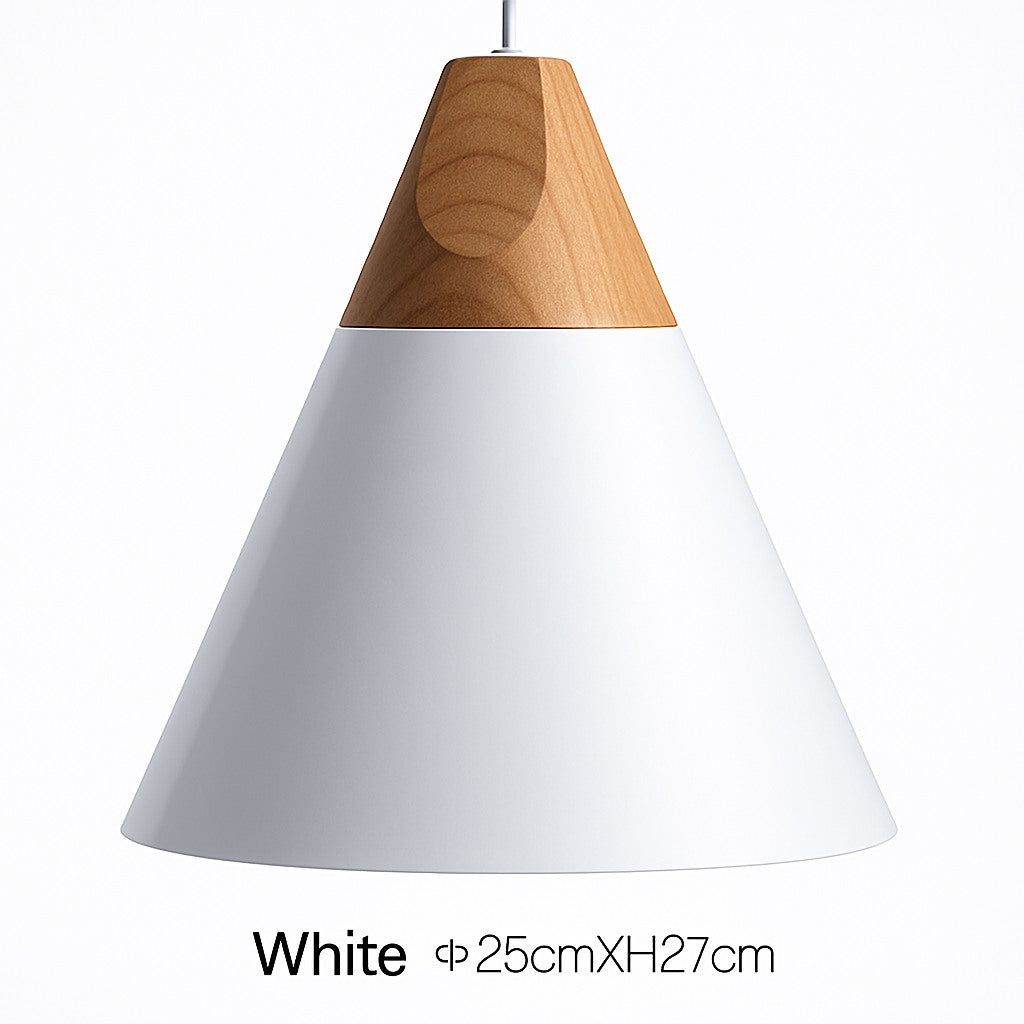 Suspension cône bois et aluminium en blanc · 25 cm