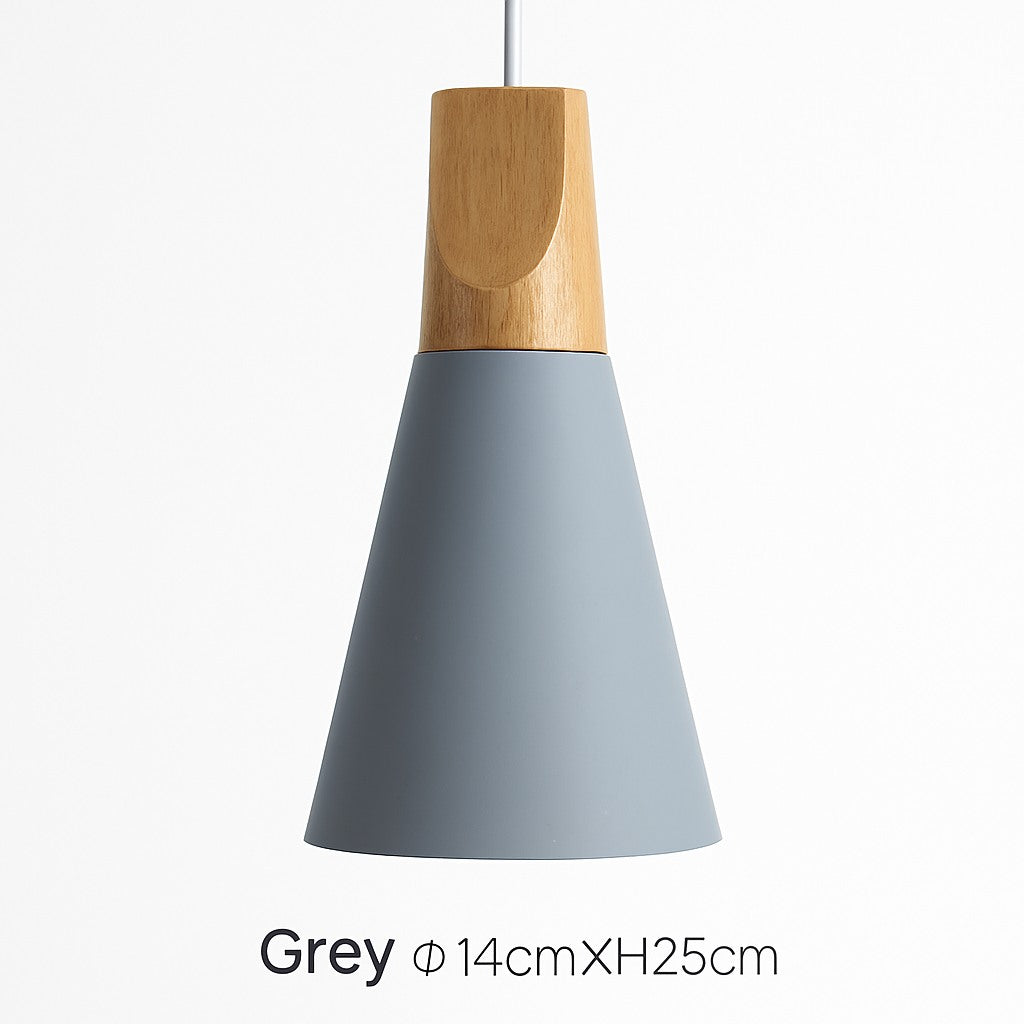 Suspension cône bois et aluminium en gris · 14 cm