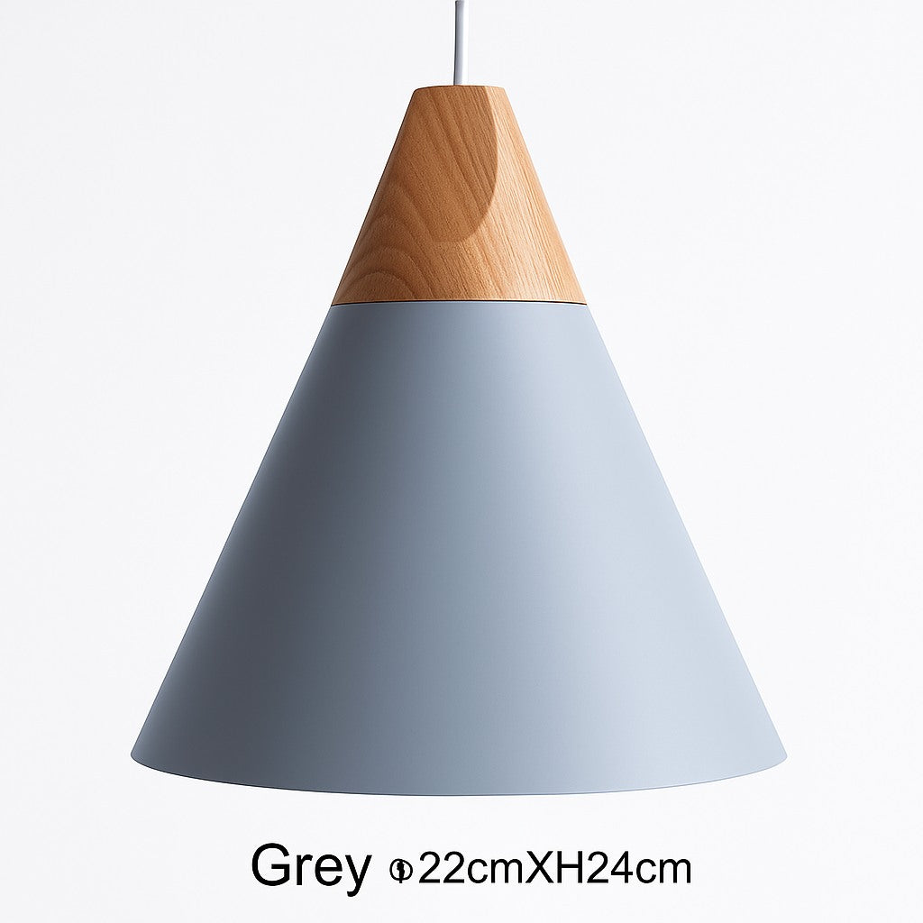 Suspension cône bois et aluminium en gris · 22 cm