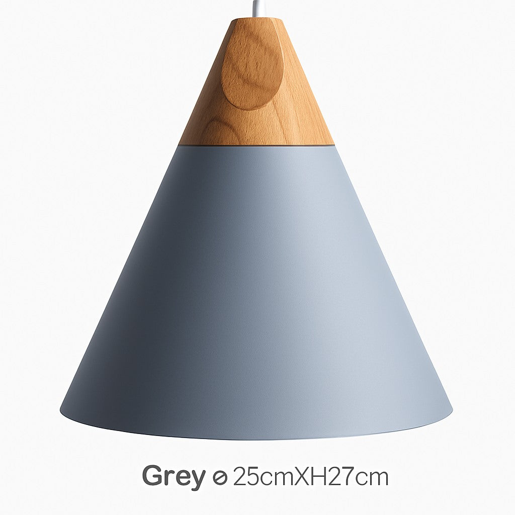 Suspension cône bois et aluminium en gris · 25 cm