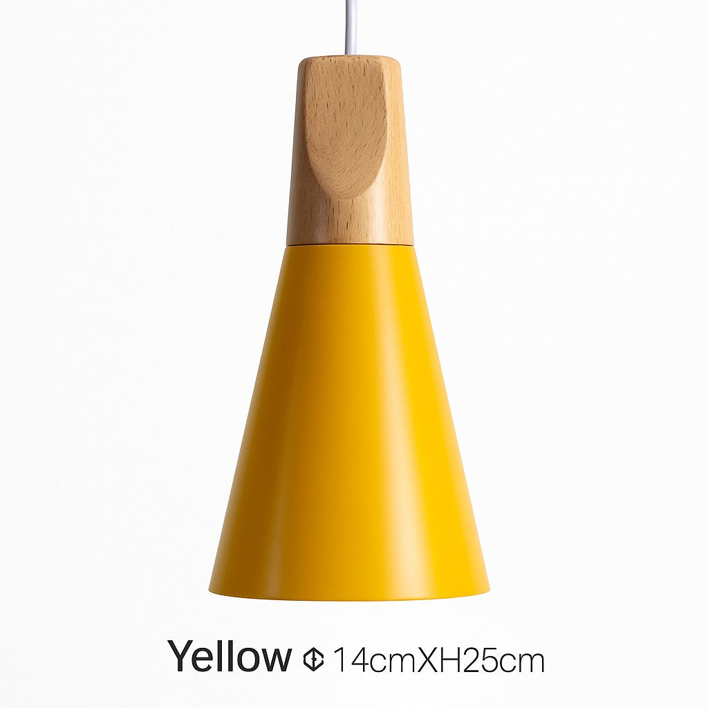 Suspension cône bois et aluminium en jaune · 14 cm