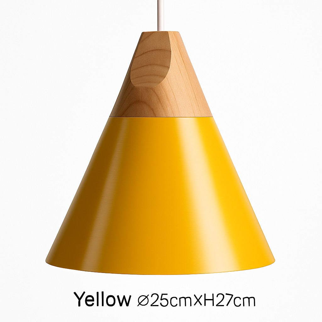 Suspension cône bois et aluminium en jaune · 25 cm