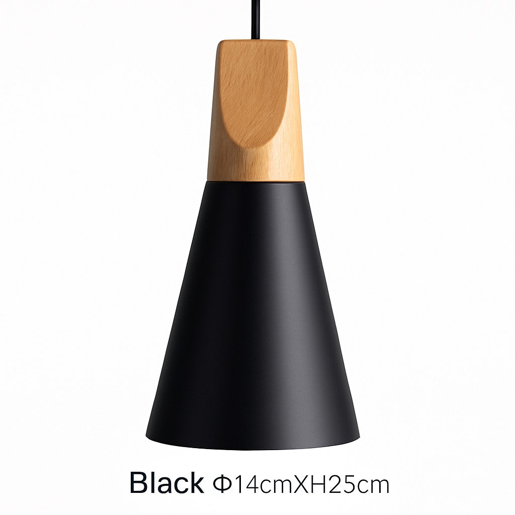 Suspension cône bois et aluminium en noir · 14 cm