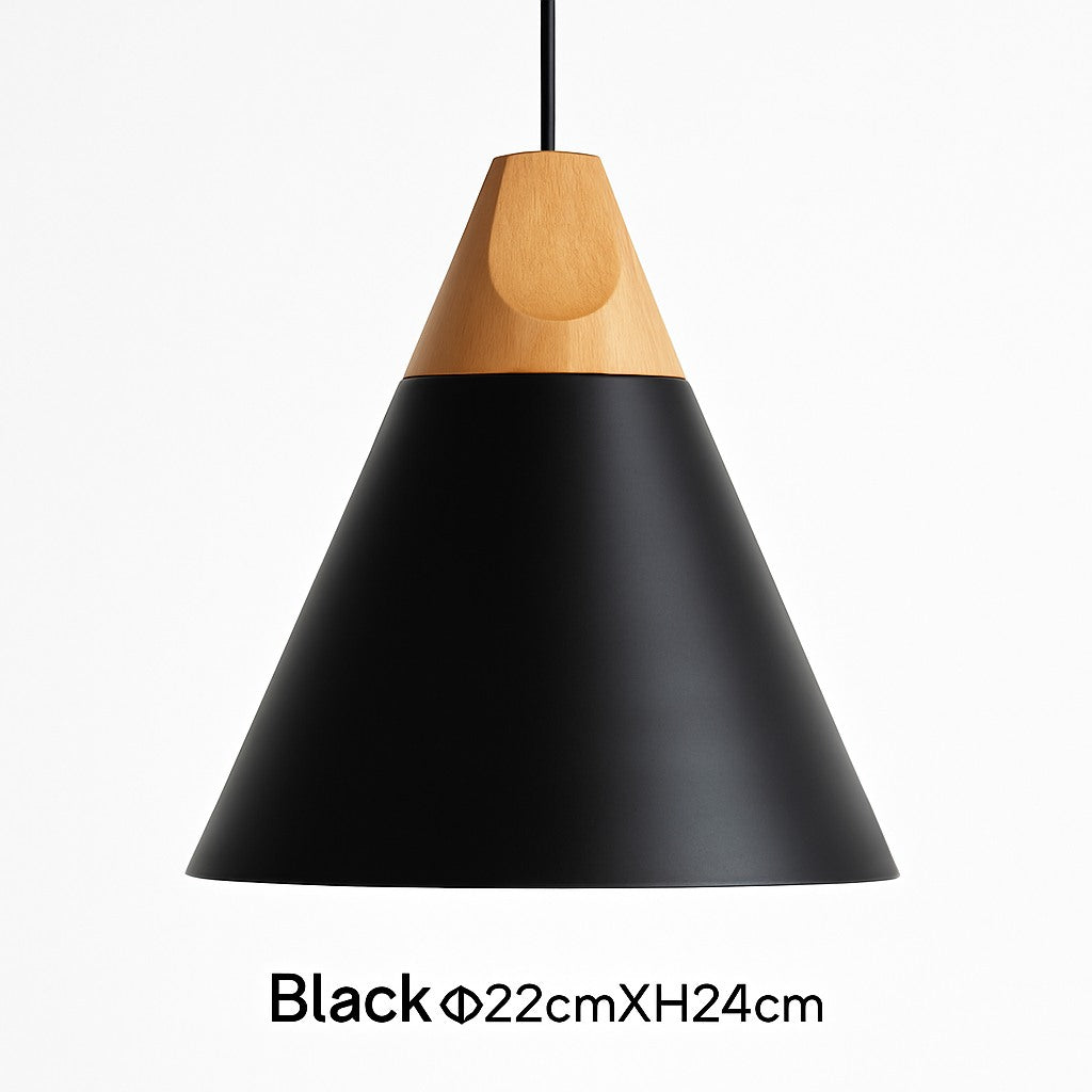 Suspension cône bois et aluminium en noir · 22 cm