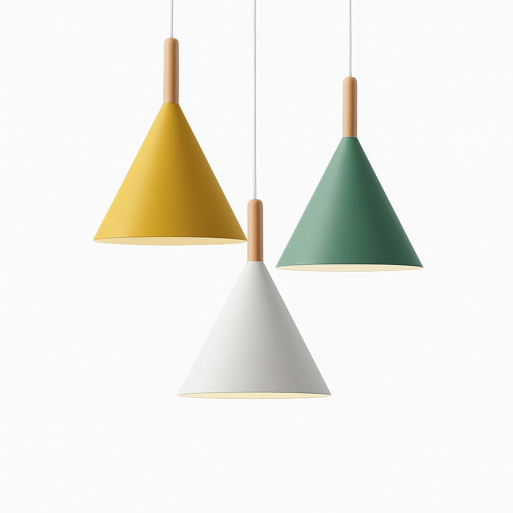 Suspension conique métal coloré et tige bois