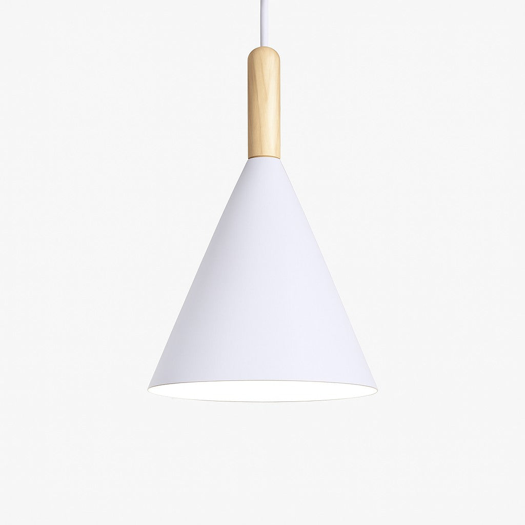 Suspension conique métal coloré et tige bois en blanc · s