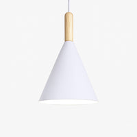 Suspension conique métal coloré et tige bois en blanc · s