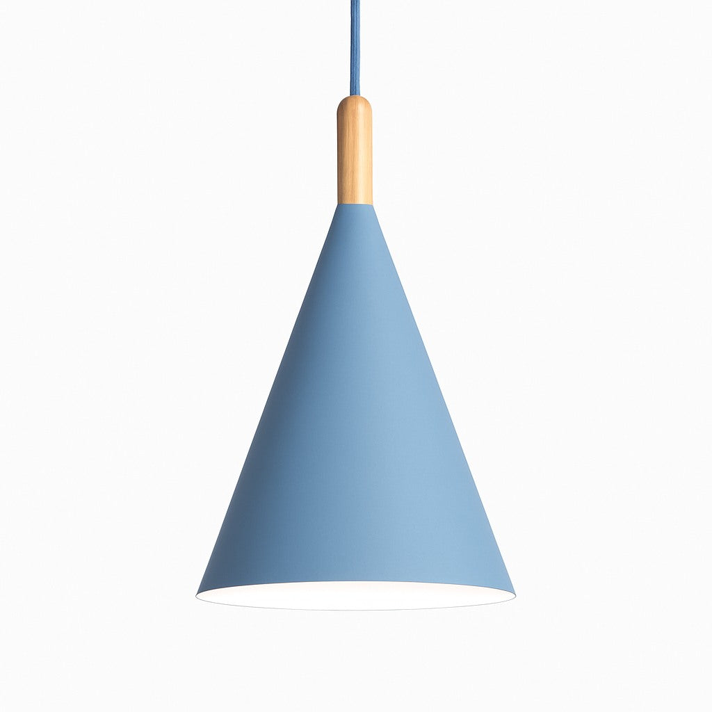 Suspension conique métal coloré et tige bois en bleu · s