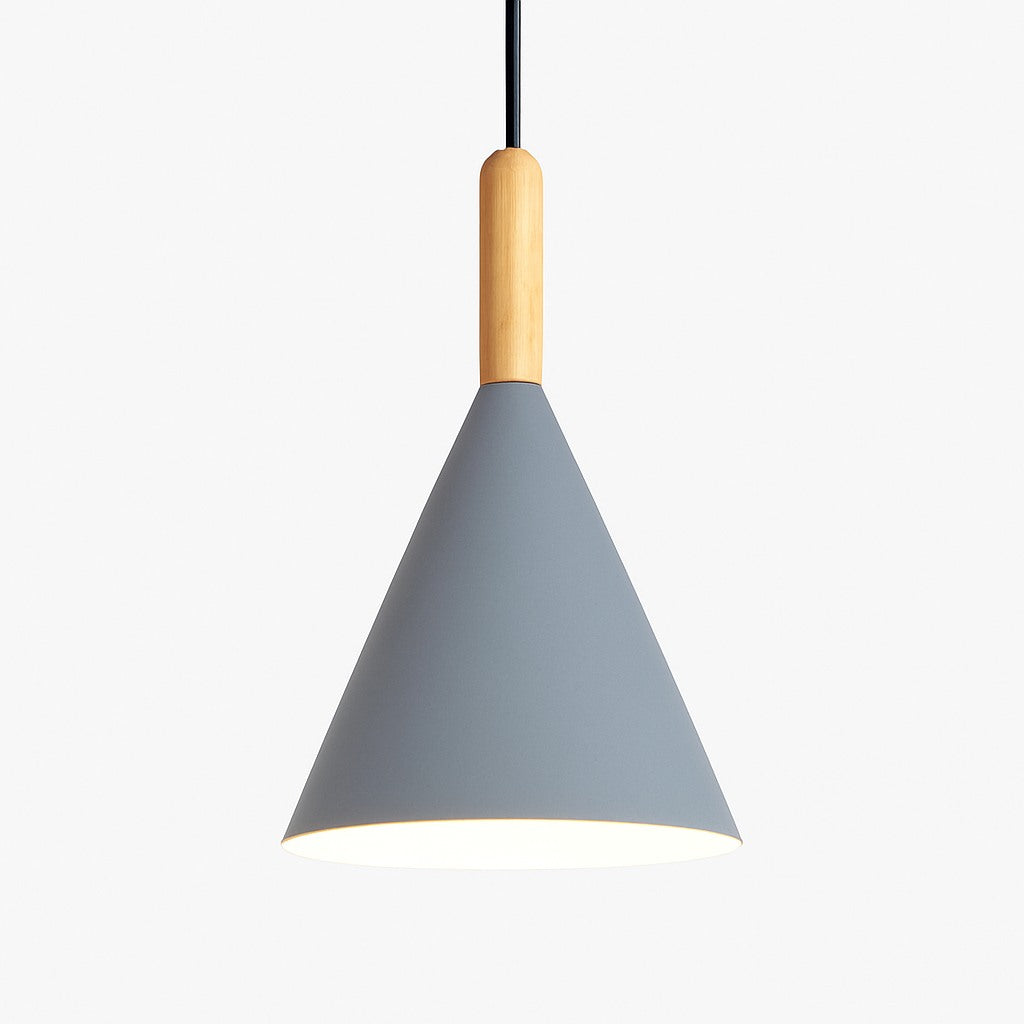 Suspension conique métal coloré et tige bois en gris · s