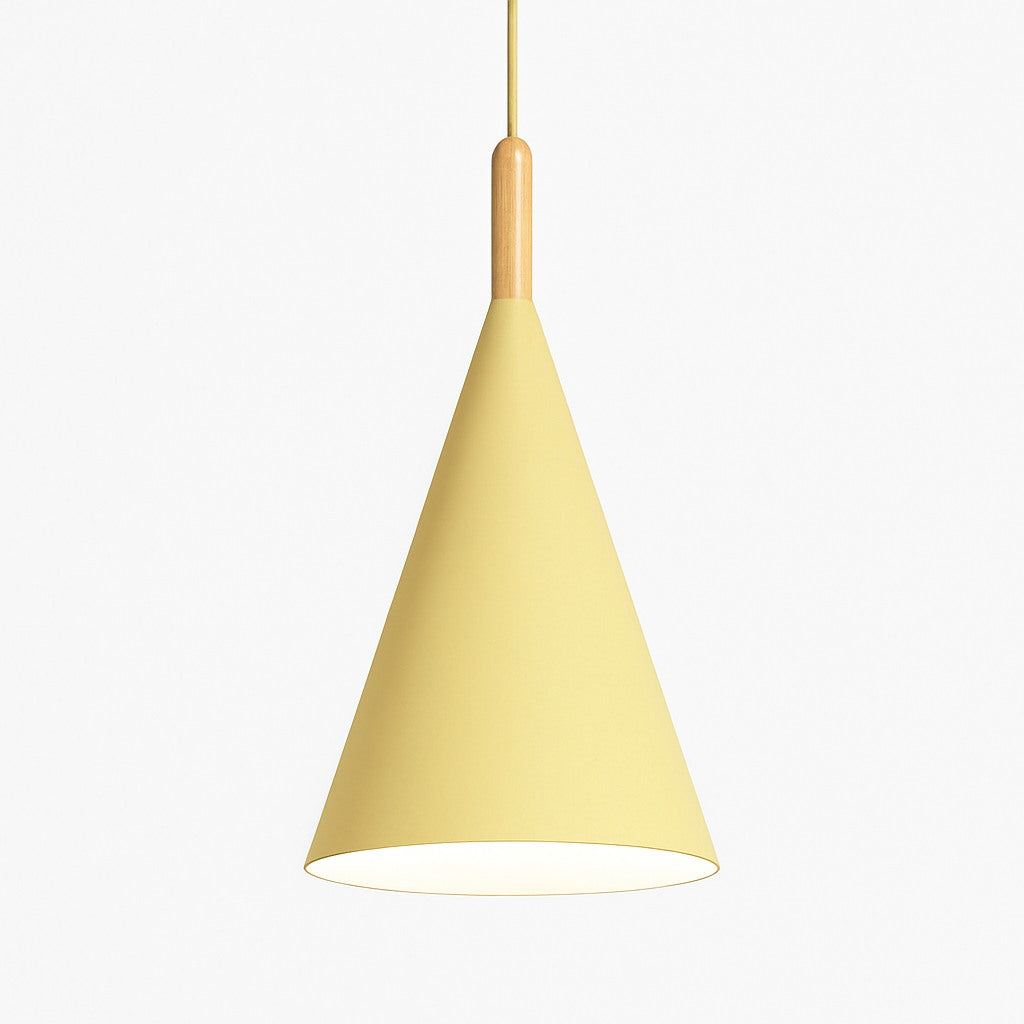 Suspension conique métal coloré et tige bois en jaune · s
