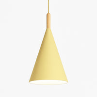 Suspension conique métal coloré et tige bois en jaune · s