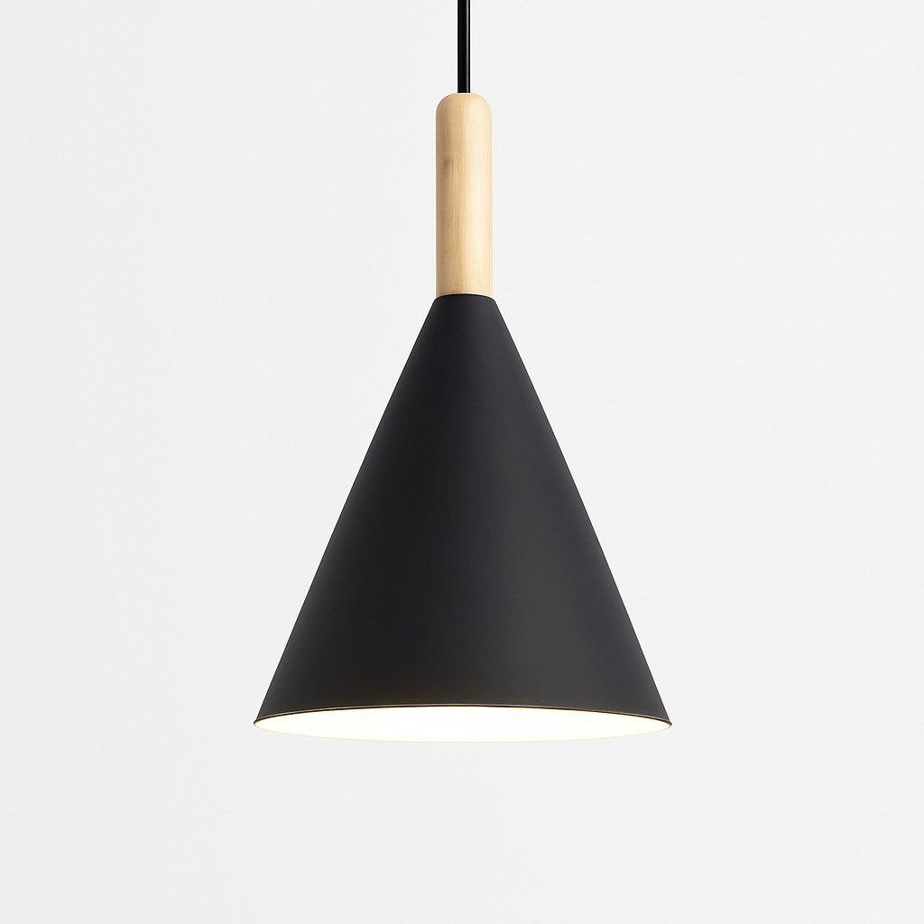 Suspension conique métal coloré et tige bois en noir · s