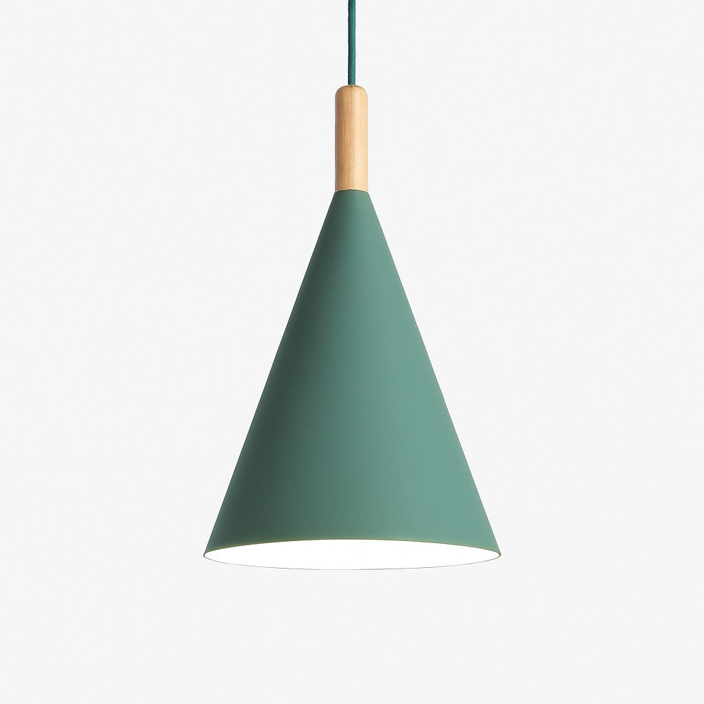 Suspension conique métal coloré et tige bois en vert · s