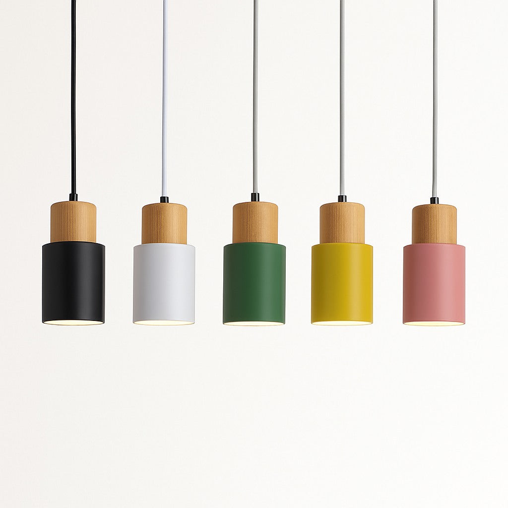 Suspension cylindre bois et métal coloré, photo 4