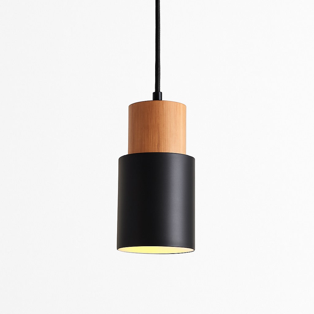 Suspension cylindre bois et métal coloré en noir