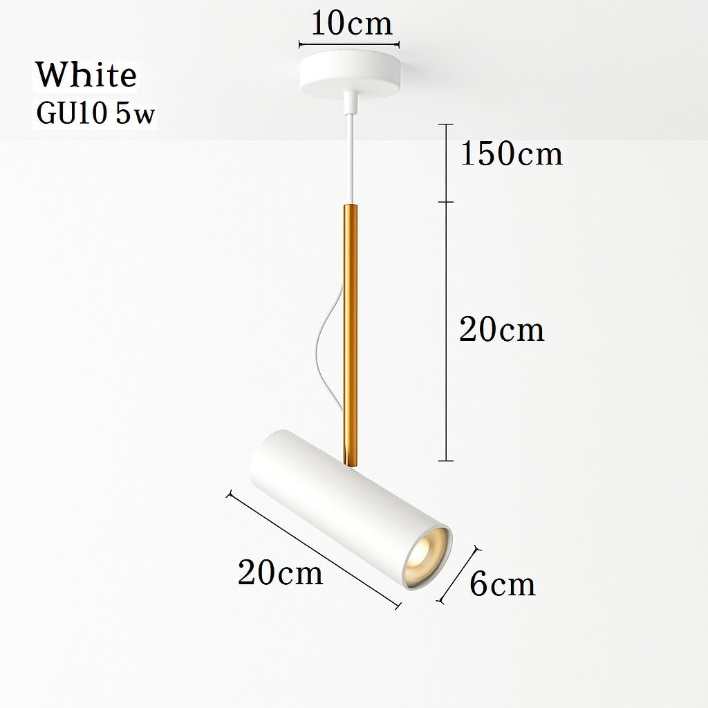 Suspension spot orientable sur tige dorée en blanc